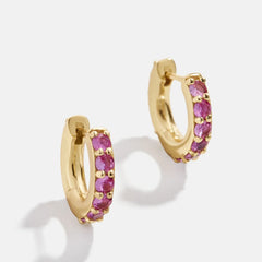 14K Gold Birthstone Huggie Earrings - Rose