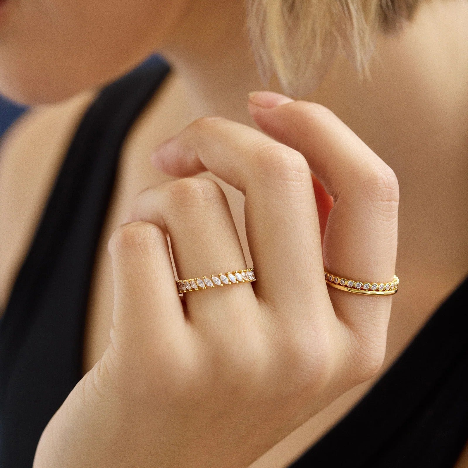 18K Gold Willow Ring Set - Gold/Pavé