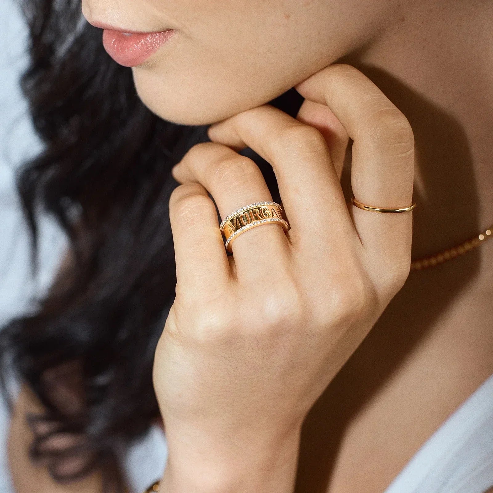 14K Gold Cutout Custom Name Ring - Gold/Pavé