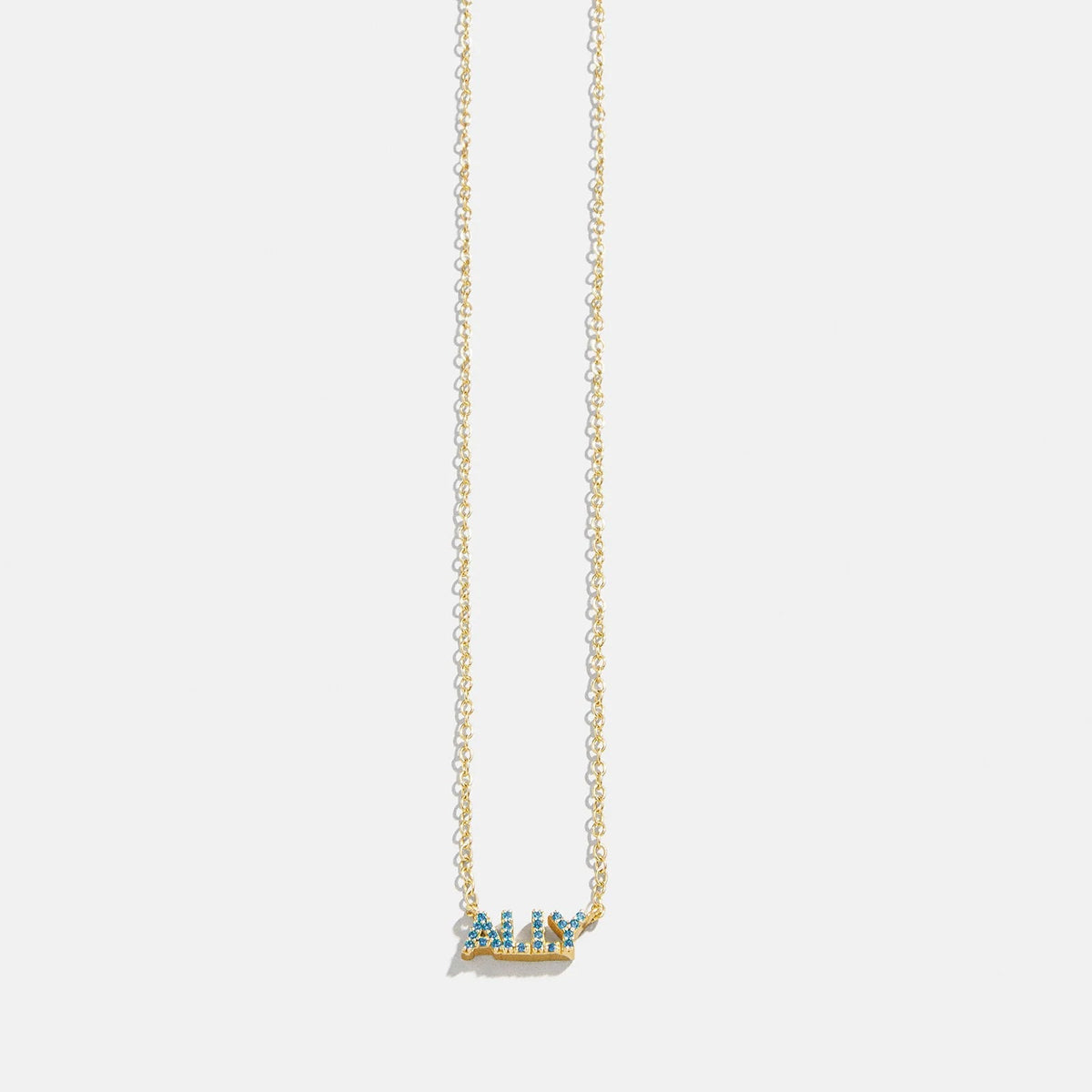 14K Gold Birthstone Custom Nameplate Necklace - Blue Zircon