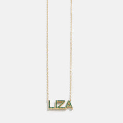 14K Gold Birthstone Custom Nameplate Necklace - Emerald