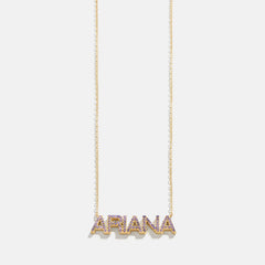 14K Gold Birthstone Custom Nameplate Necklace - Light Amethyst