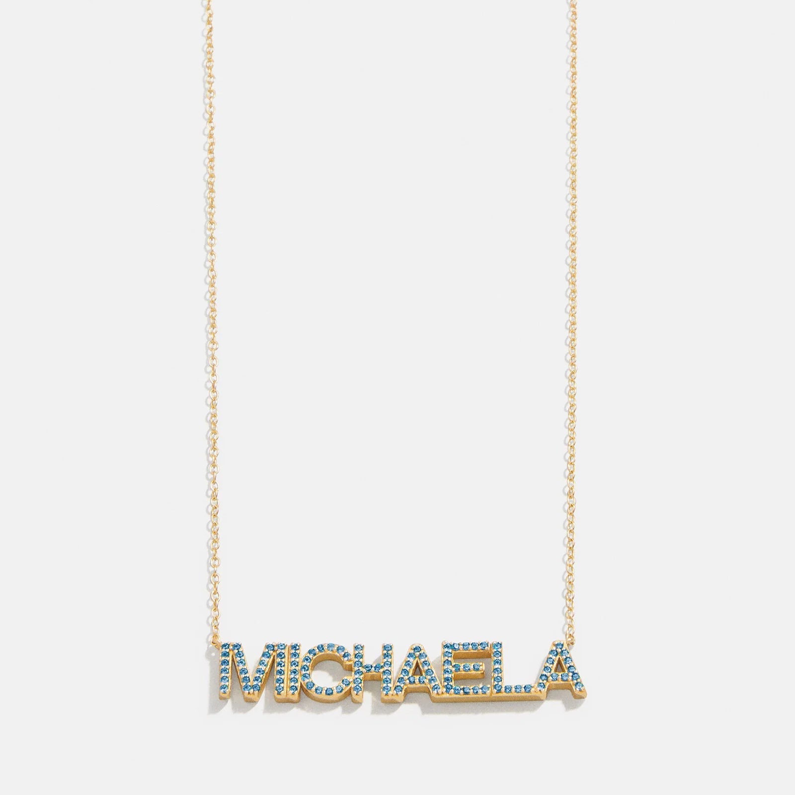 14K Gold Birthstone Custom Nameplate Necklace - Blue Zircon