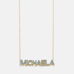 14K Gold Birthstone Custom Nameplate Necklace - Blue Zircon