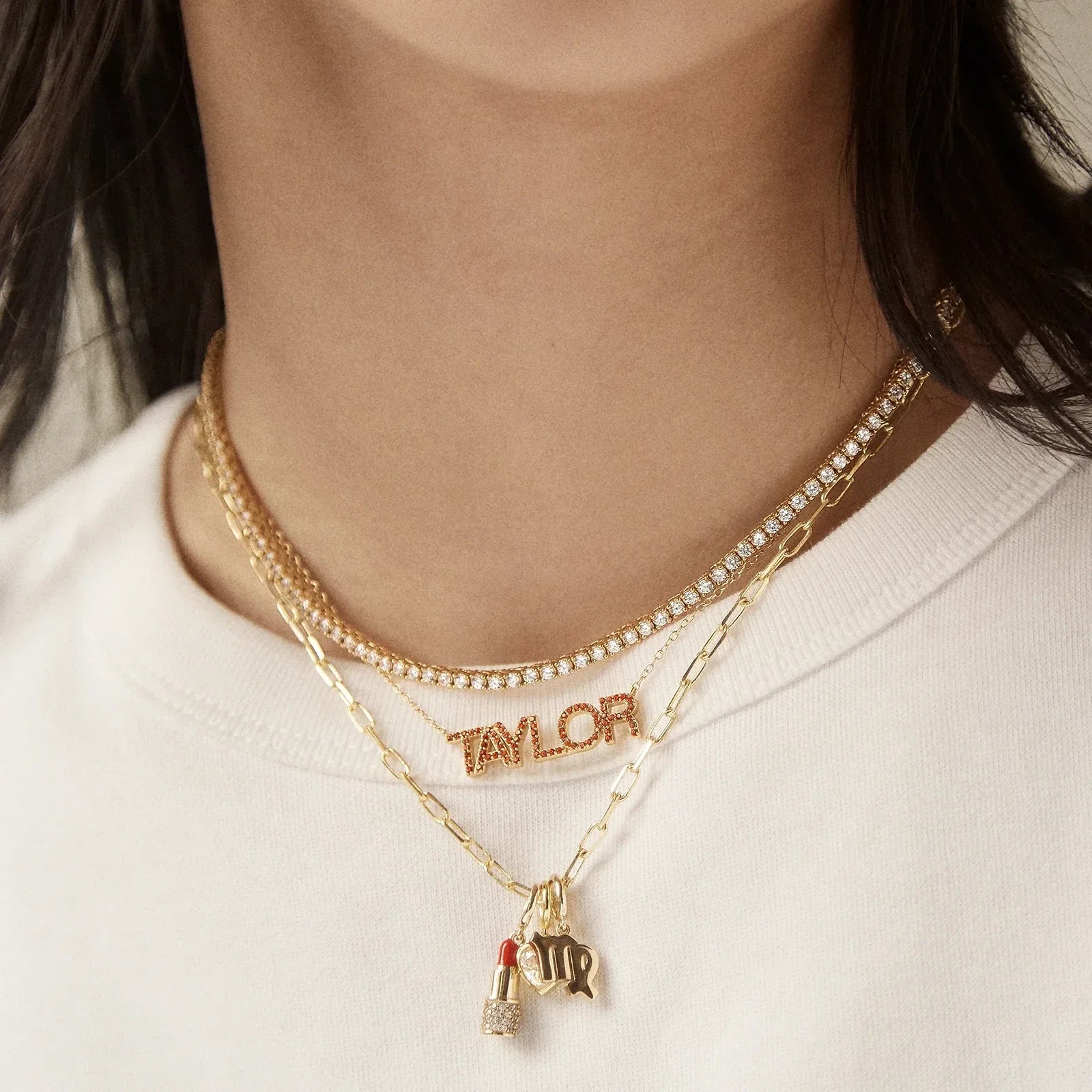 14K Gold Birthstone Custom Nameplate Necklace - Blue Zircon