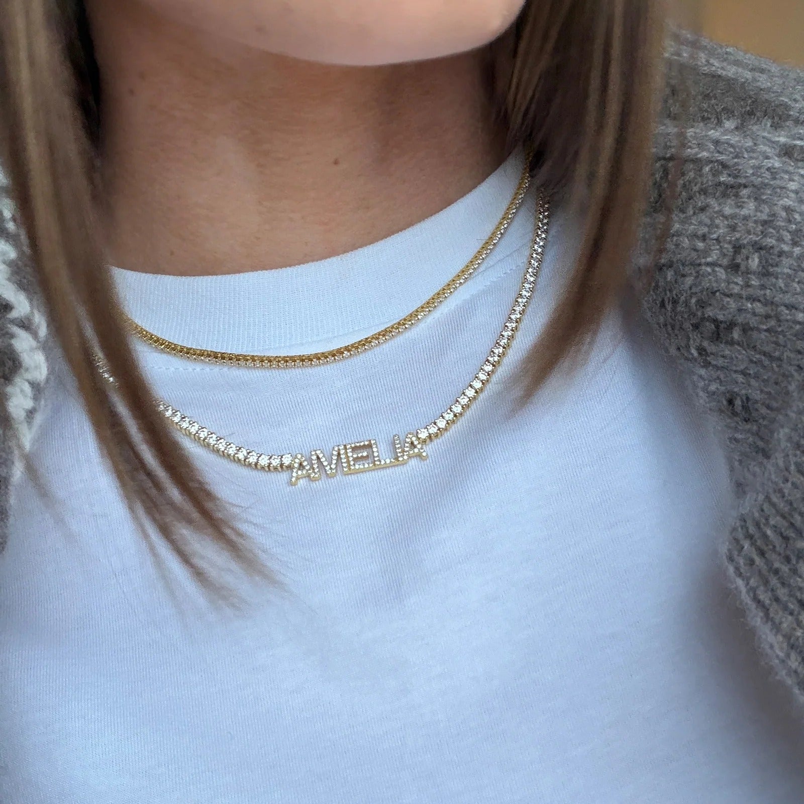 Billie 14K Gold Tennis Custom Nameplate Necklace - Block