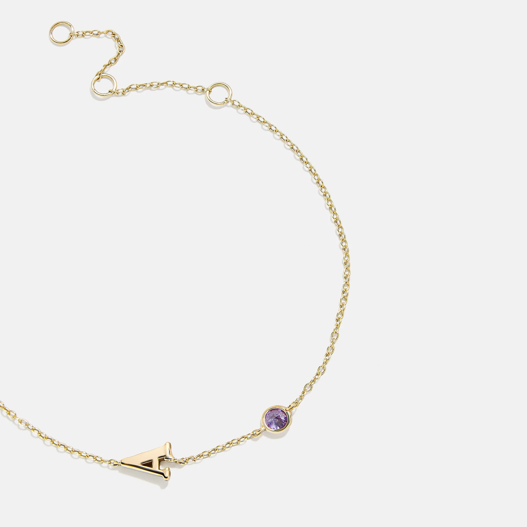 14K Gold Initial Birthstone Custom Bracelet - Light Amethyst