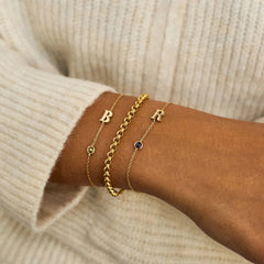 14K Gold Initial Birthstone Custom Bracelet - Aquamarine