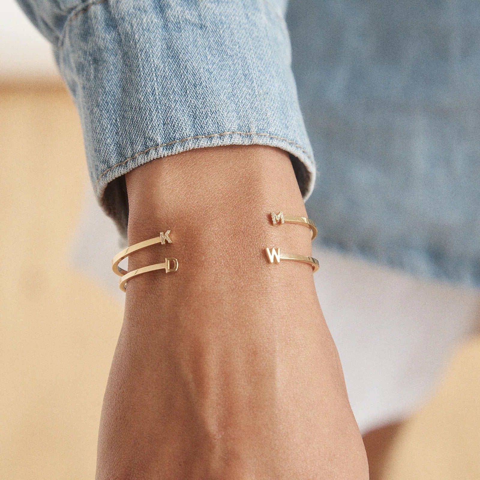 14K Gold Double Initial Custom Cuff Bracelet - Gold/Pavé